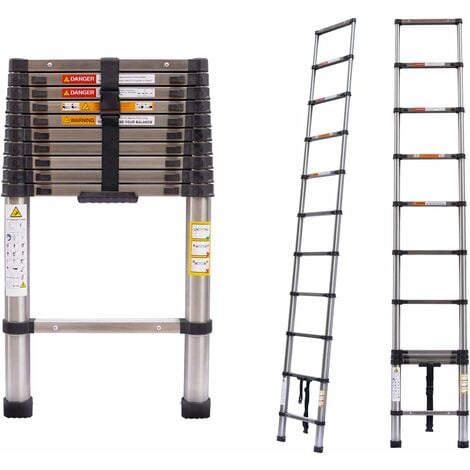 BRIEFNESS 3.2M Telescopic Ladder 10.5FT Multi-Purpose Stainless Steel Telescoping Ladder Extendable Portable Sturdy Loft Ladder with EN131 & CE Standard for Draw Wall Replace Bulb Clean Window Repair Roof