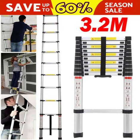 3.2M Telescopic Ladder 10.5FT Multi-Purpose Stainless Steel Telescoping Ladder Extendable Portable Sturdy Loft Ladder with EN131 & CE Standard for Draw Wall Replace Bulb Clean Window Repair Roof