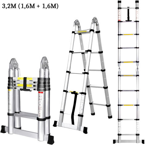 3.2M Telescopic Ladder Extension Tall Multi Purpose Folding Loft Ladder with stabilizer, 330 pound/150 kg Capacity (Silver)