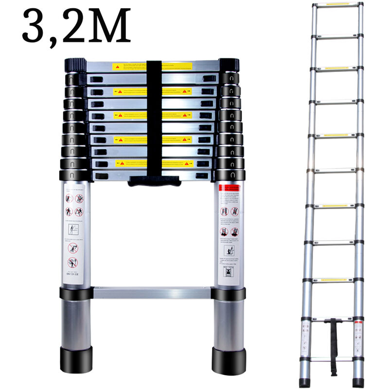 Axhup - 3.2M Telescoping Ladder, Portable Aluminum Telescopic Height Extension Multi Purpose Loft Ladder, 330 pound/150 kg Capacity (Silver)