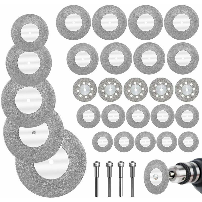 32pcs Disque Diamant avec 4pcs Mandrins Disque à Tronçonner Mini Disques de Coupe pour Verre/Pièrre Précieuse -16/20/22/25/30/40/50/60mm