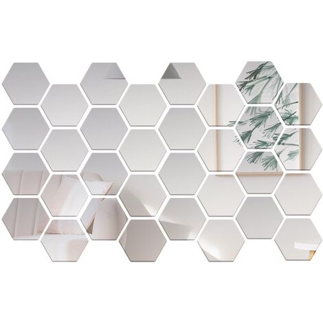 32PCS Hexagono Espejo pegatinas de pared extraible Adhesivos de pared de acrilico decorativo del espejo DIY decoracion para el hogar para el dormitorio cuarto de bano salon, Plata