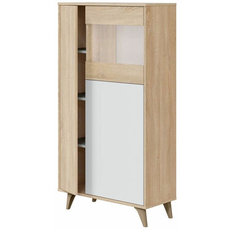 Mirakemueble - Vitrine de salon Kikua 3 portes 77 cm (largeur) x 142 cm (hauteur) x 33 cm (profondeur) - Chêne Canadien - Artik Blanc