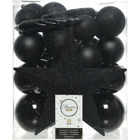 DECORIS 33 PALLINE DI NATALE+PUNTALE NERO ASSORTITE ALBERO DI NATALE ADDOBBI DECORAZIONI