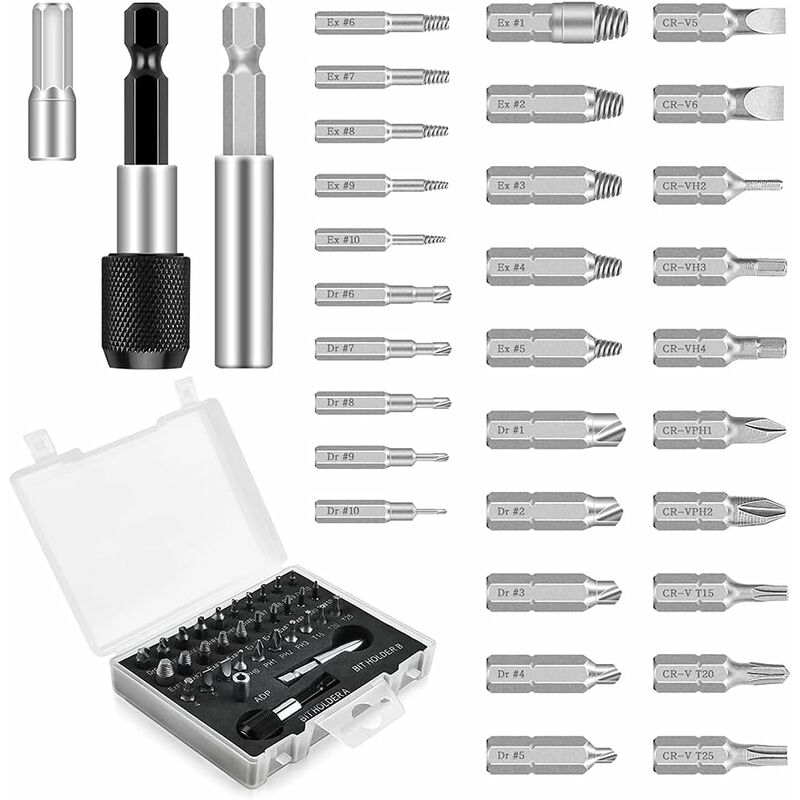 33 Pieces Damaged Screw Extractors, Screw Extractor Kit with Polishing Bits, Diameter 2-12 mm, Hardness 64-65 hrc, for Damaged Bolts or Screws