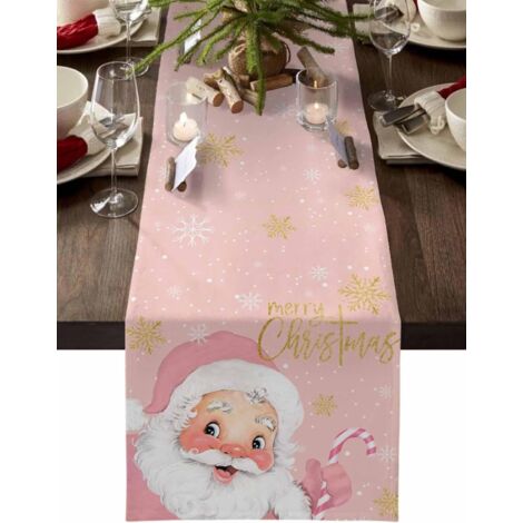 33 x 90 cm, Chemin de table Joyeux Noël avec Père Noël amusant sur une commode rose, décorations de fête hivernales intérieures et extérieures