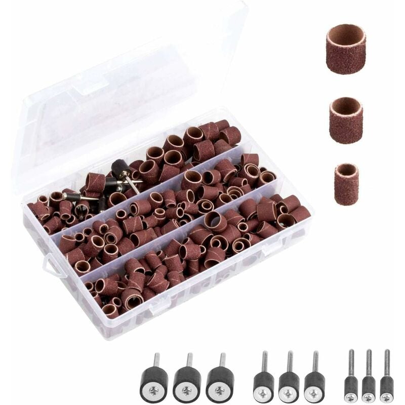 338 pieces sanding drum with plastic box, including 329 pieces sanding belts and 9 pieces drum mandrel 1/2', 3/8', 1/4' for Dremel rotary tools