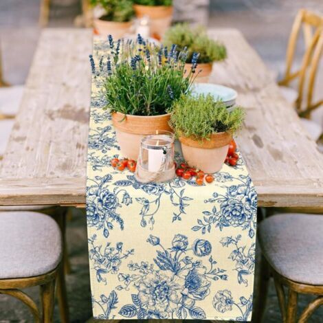 (33X183 cm)Rose Bleue Chemin de Table Esquisse Monochrome Vintage et Rouleau Toile de Jute Chemin de Table Decor pour Table Basse de Mariage