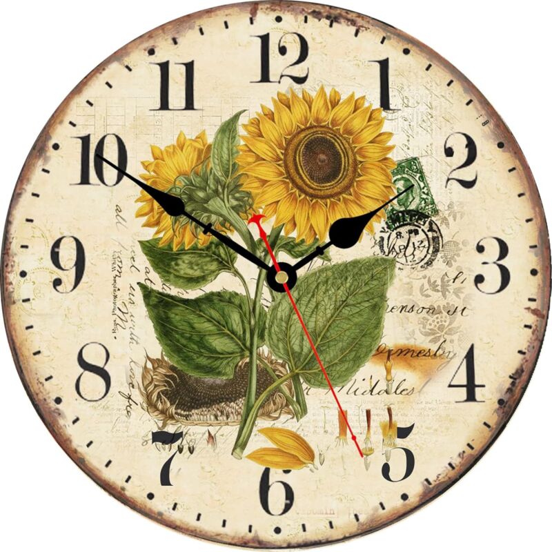 Sunxury - 34 cm Belle Tournesol Horloge Murale, Vintage Floral Silencieux Non tic-tac Horloges, en Bois Rond Facile à Lire Pendules murales pour la