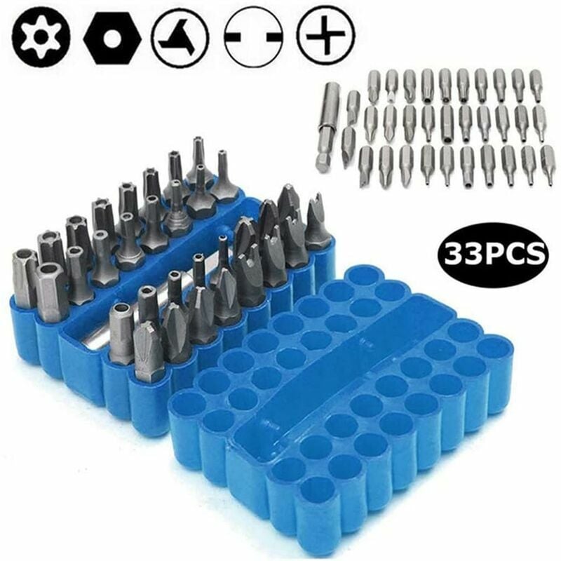 34 pcs Magnetic Screwdriver Bits with Extension Bit Holder, Security Anti-tamper SAE Metric Hex Tri-Wing Torq Star Socket Wrench - Blue