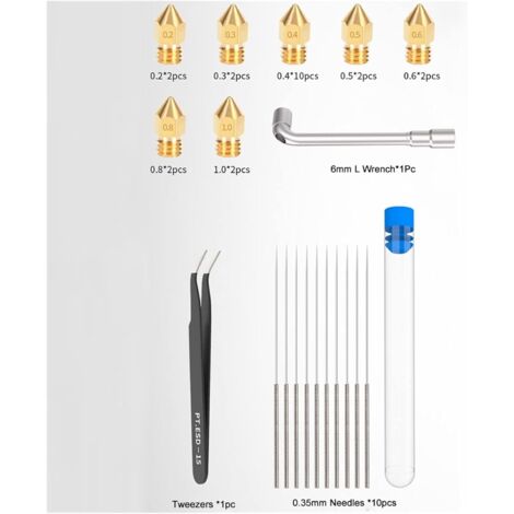 34 pezzi 0,2-1,0 mm di dimensioni miste MK8 ugelli per stampante 3D ugelli in ottone estrusore compatibili con Ender 3 CR-10 A8 A8+ con 10 pezzi di aghi di pulizia