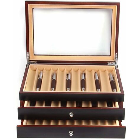 34 pièces Boîte à stylos en bois de santal, 3 niveaux avec tiroirs Boîte d'affichage et d'organisation pour fontaines avec fenêtre en verre Cadeau pour ami (Noir rouge)
