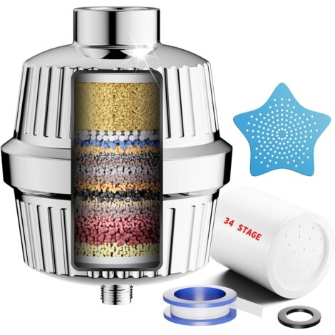 34-stufiger Duschfilter mit Vitamin C für hartes Wasser, Anti-Kalk-Filter mit 2 Kartuschen zur Entfernung von Chlor und Schwermetallen, Chrom-Duschfilter