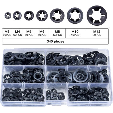 LONGZIMING 340 Pcs Rondelles de Blocage Rondelles de Verrouillage, Rondelles À Verrouillage Rapide de Rondelles de Verrouillage en Acier M3 M4 M5 M6 M8 M10 M12, 7Tailles, Noir