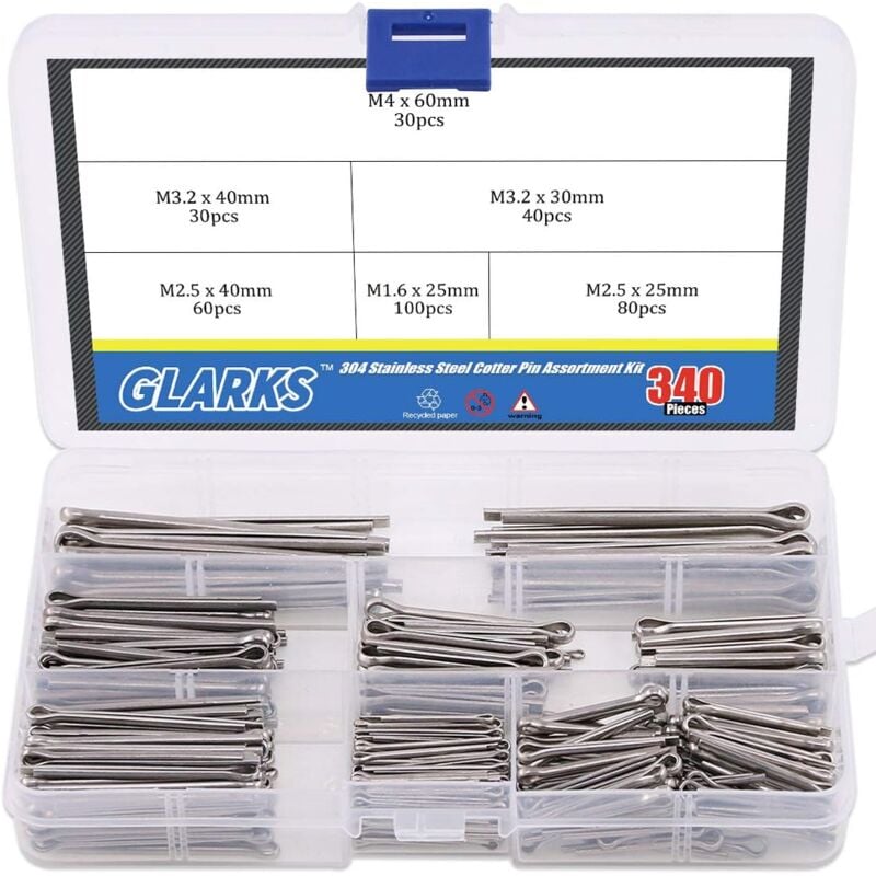 340-pieces 6 tailles en acier inoxydable 304 Pin Clip principales ultraconfortables Assortiment kit de montage pour automobiles, mécaniciens, garage,