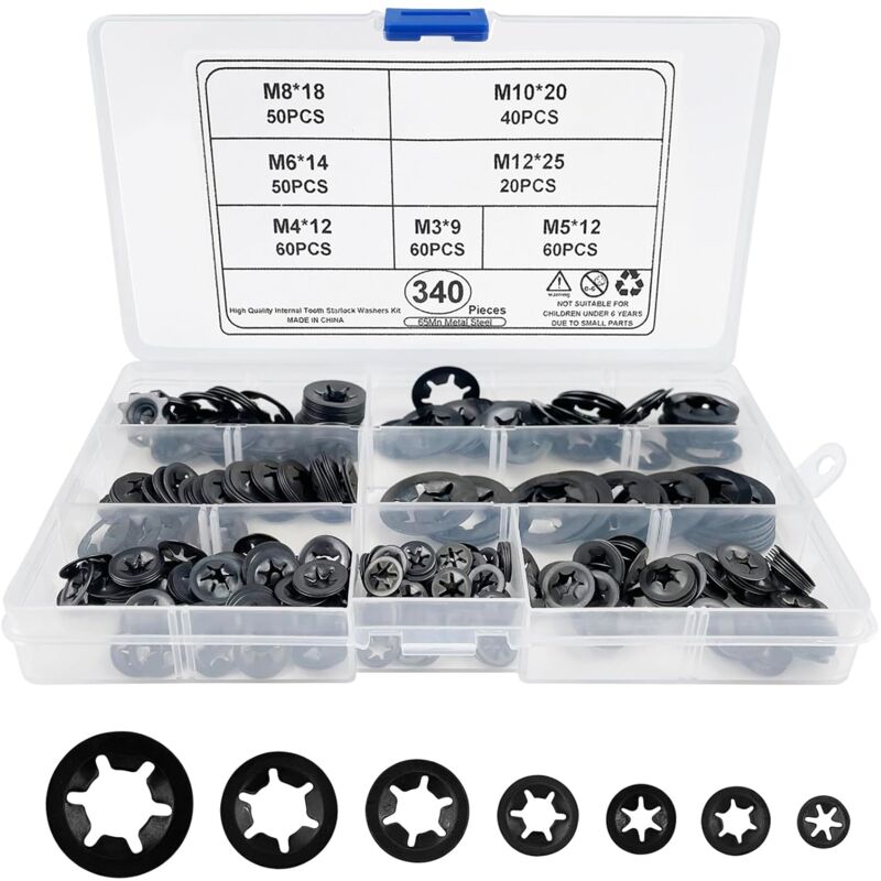 340 pièces Rondelles Metal de Blocage, Rondelle Starlock Universel Large, Dents Internes Verrouillage Rondelles M3 M4 M5 M6 M8 M10 M12 Vitesse