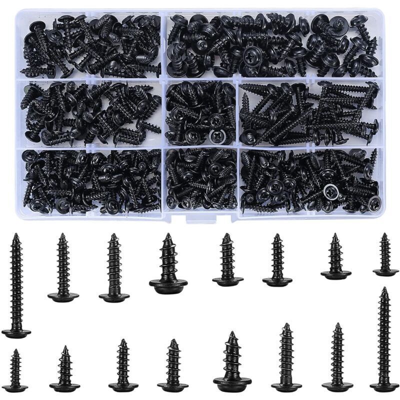 340 Pieces Self-Tapping Screws, Carbon Steel Self-Drilling Screws, Black Wood Screws, Round Head Screw Kit, Phillips Flat Head Screws for Metal,