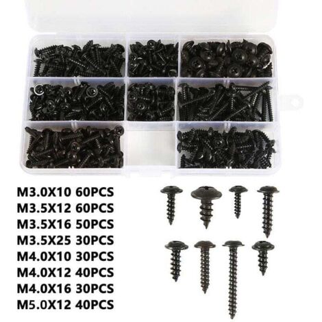 340-teiliges Sortiment an schwarzen zylindrischen selbstbohrenden Bohrern der Größen M3, M3,5, M4, XU und 0,8. Hochwertige, langlebige und beschichtete Bohrer in praktischer Kunststoffbox. KZQ - KZQ