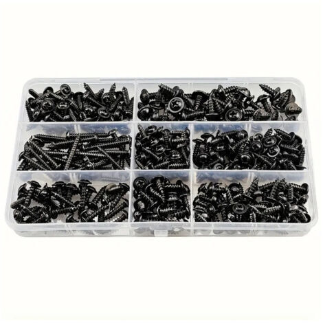 340 vis autoperceuses noires pour tôle, vis autotaraudeuses en acier inoxydable et en acier au carbone, jeu de fixations pour bois à tête plate, tailles de tête Phillips : M3.0-M4.8