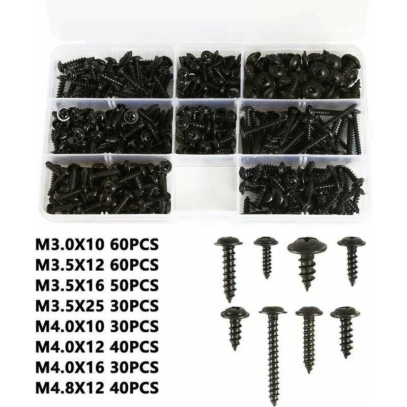Hoopzi - 340pcs Black Self-Drilling Sheet Metal Screws,Stainless Carbon Steel Self-Tapping Screws Flat Head Cross-Head Wood Fastening Kit Size: