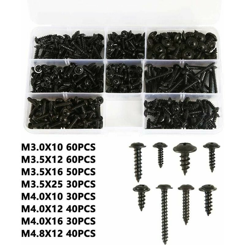 Trimec - 340pcs Vis à tôle noire autoperçante,Vis autotaraudeuse en Acier au Carbone inoxydable Vis à tête plate Kit de Fixation du Bois Cross-Head