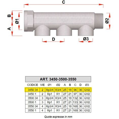 3450 - Collettore maschio-femmina cromato INT. 36 mm - Misura 3/4" - 2 derivazioni 3450 34