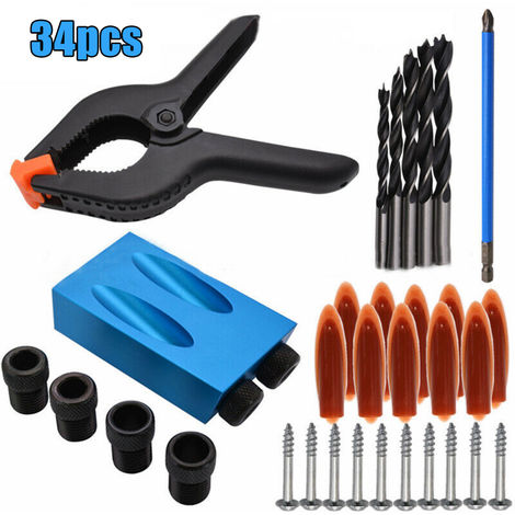 34Pcs Pocket Hole Screw Jig with Dowel Drill Set Carpenters Wood Joint Tool
