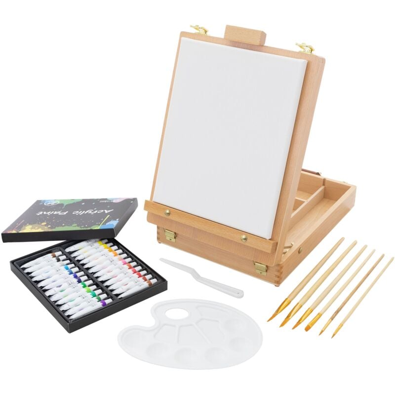 Ecd Germany - Kit de Peinture 34 pcs avec Acrylique avec Chevalet, 24 Peintures Acryliques, Châssis, Toile, Pinceaux et Accessoires de Peinture,