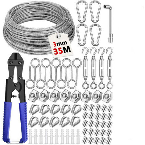 35 Meter langes Edelstahl-Aufhängungskabelset, bestehend aus einem 3 mm Edelstahlseil 304, mit Kabelspanner, Kabelklemme und Kabelhülse, geeignet für Rankgitter für Kletterpflanzen im Freien, Wäschele
