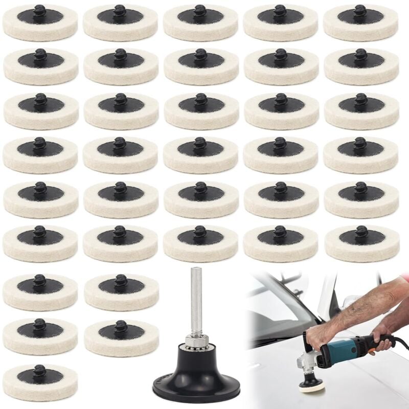 35 Pièces 2 Pouces 50mm Wool Felt Polishing Wheel Disc avec 1 Disque et 1 Poignée hexagonale de 6 mm de Tigepour Outil Rotatif pour Les Projets De