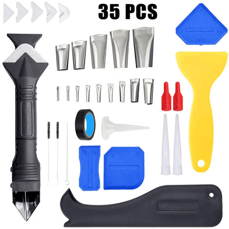 35 Stück Silikon-Dichtungswerkzeug, 3-in-1-Dichtungswerkzeug, 14 Stück Dichtungsdüsen, Kunststoff-Schaber-Set für Badezimmer-Küchen-Bodenecke