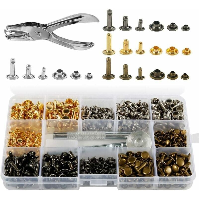 350 Leather Rivets Set Double Cap, 3 Sizes Metal Tubular Rivet with Punch Pliers and 3 Pieces Fixing Tools for Leather Repair Replacement Rivets