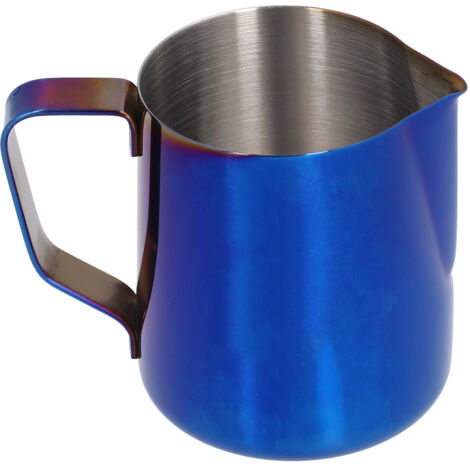 350 ml Milchkännchen aus Edelstahl für Kaffeeschaum, spitzer Ausguss und innenliegende Skala, blaue Farbe (mit Etikett)