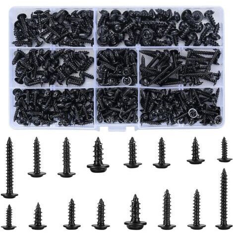 350 viti autofilettanti in acciaio al carbonio, viti per legno nere, set di viti a testa tonda, viti a testa Phillips, adatte per sughero e metallo - 8 misure, con custodia in plastica.