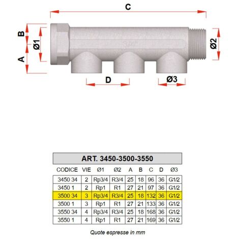 3500 - Collettore maschio-femmina cromato INT. 36 mm - Misura 3/4" - 3 derivazioni 3500 34