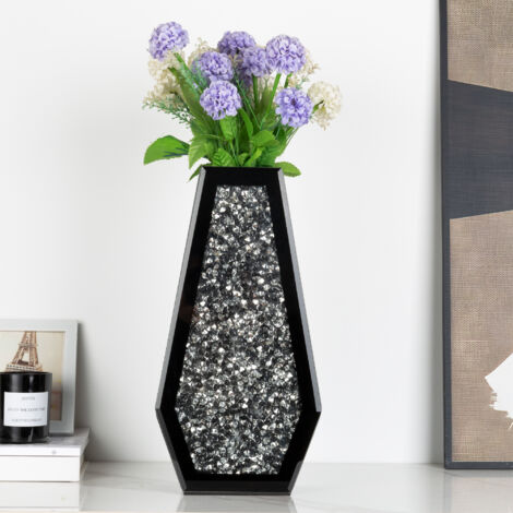 35.5in Modern Glam Black Mirrored Crystal Vase - Geometric Decorative Vase for Dried Flowers, Living Room & Bedroom Accent Decor