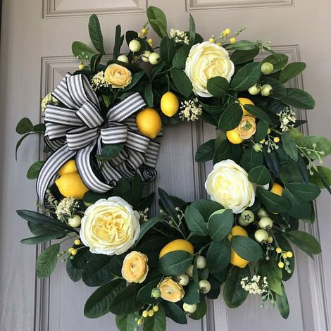 35cm-couronne de roses jaunes-citron couronnes de plantes tressées style Europe et Etats-Unis ornements d'accessoires simulation de feuilles