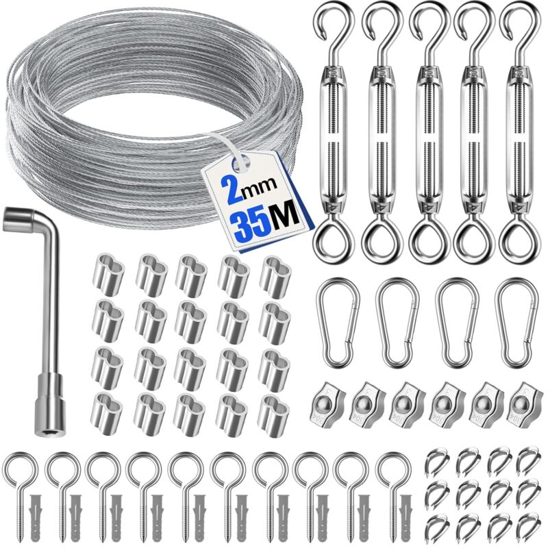 35M 69pcs cable acier pour Plantes Grimpantes, Kit de Câble en Acier Durable avec tendeur cable, serre cable acier et Accessoires, Idéal pour corde à