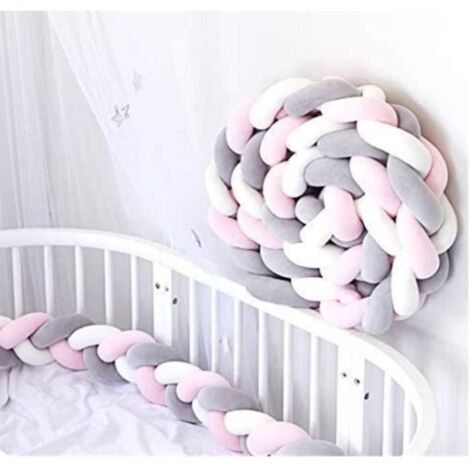 3.5M Tour de Lit Bébé Serpent Tressé pare-chocs Velours,Coussin Tour de Canapé Souple pour Nouveau-nés (Blanc+Gris+Rose)