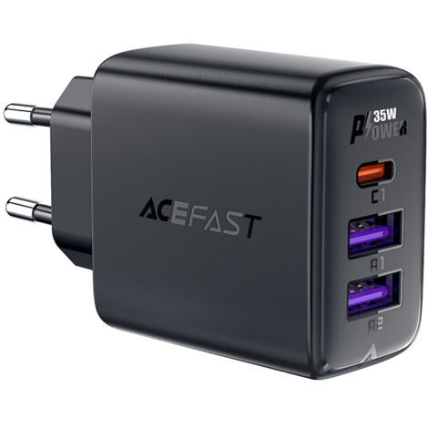 35W GaN PD Wandladegerät mit 3 Anschlüssen 2x USB-A + USB-C Schwarz