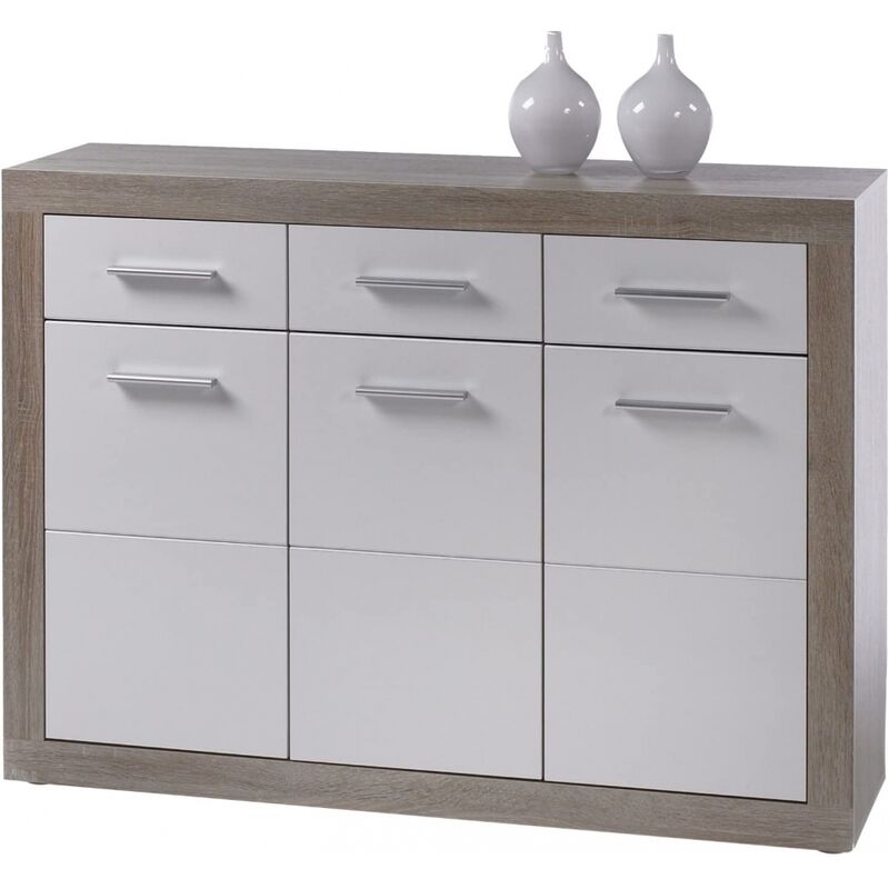 36-642-68 Can Can Kommode Beistellkommode Sideboard Eiche Sägerau / Hochglanz weiss ca. 117 cm breit-'SW9164'