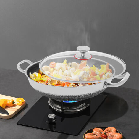 Ø 36 cm Servierpfanne mit Glasdeckel, Induktion Bratpfanne aus Edelstah Silber