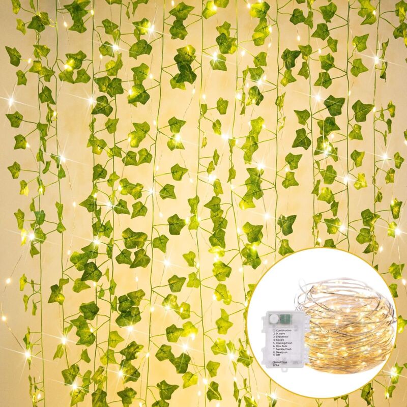 36 FtArtificial Ivy Vine 100 LED Vine Lights 8 Modes Ivy Lights for Bedroom Room Wall Wedding Indoor Party Festival Decor (Warm White)