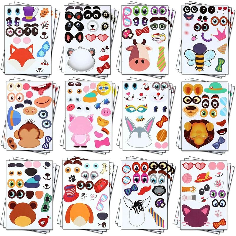 

36 hojas de pegatinas para hacer caras para niños, pegatinas para hacer una cara de animal, hacer tus propias pegatinas para regalos de fiesta de