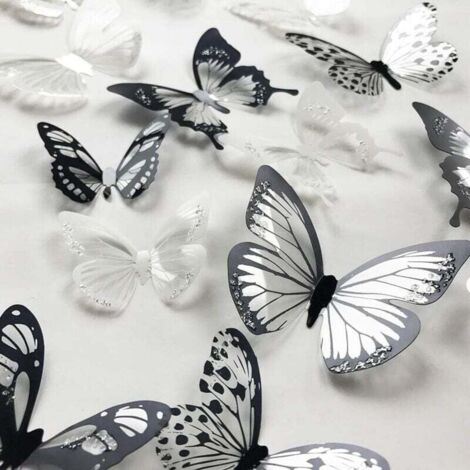 36 Pièces 3D Coloré Papillon Cristal Stickers Muraux avec Adhésif Art Decal Papier Satin Papillons Bébé Enfants Chambre Maison DIY Décor (Noir et Blanc)