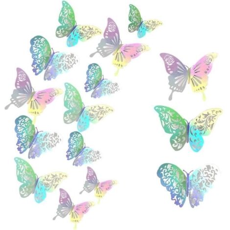 36 Pièces Sticker Mural Papillon 3D,Autocollant de Papillon Flash pour la Maison,Décoration de Fête(Holographique Argenté)