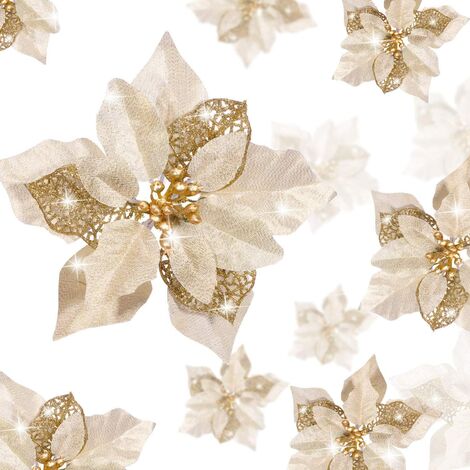 36 Piezas Navidad Brillo Poinsettia Flores Falsas Decoraciones de Flores de Navidad Adornos de Año Nuevo para Boda Árbol de Navidad (Oro)