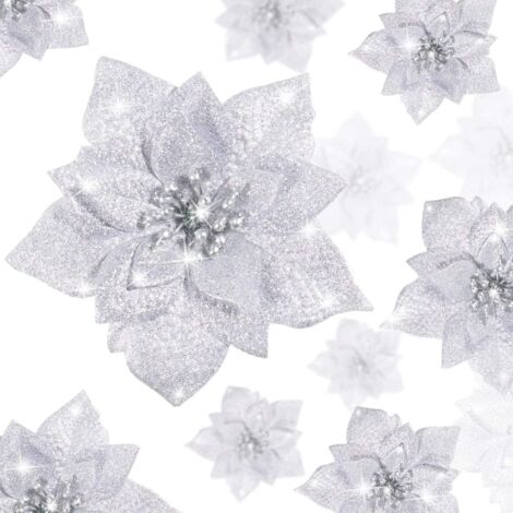 36 Stück glitzernde Weihnachtssterne, künstliche Glitzerblumen, für Hochzeiten, Weihnachtsbaum, Neujahrsschmuck (Silber, Glitzer-Stil)