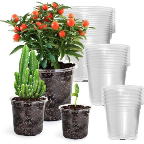 36 Stück Kunststoff-Blumentöpfe, 9 cm / 10 cm / 13 cm, transparente, wurzelfeste Pflanzgefäße mit Abflusslöchern für Blumen, Pflanzen, Setzlinge und zum Umpflanzen (3 Größen)