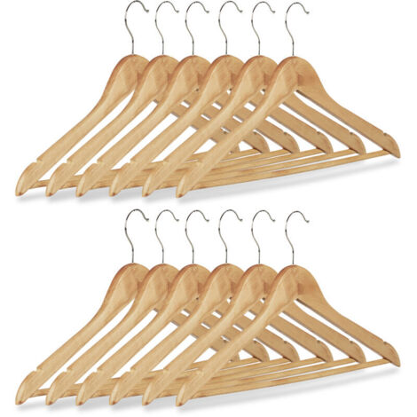 36-teiliges Set Kleiderbügel aus Holz für Hosen, Kleider, Röcke und Hemden, 360° drehbarer Haken, H x B: 22,5 x 44,5 cm, Natur/Silber